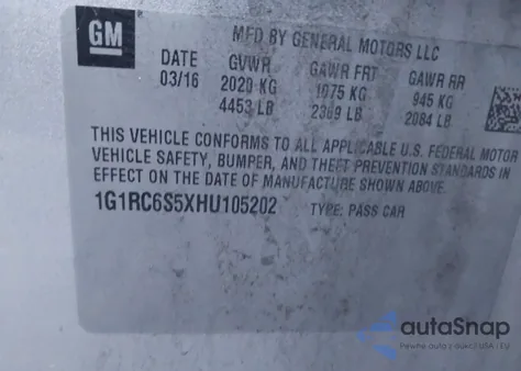 2017 Chevrolet Volt Lt из США, поврежденный, VIN 1G1RC6S5XHU105202